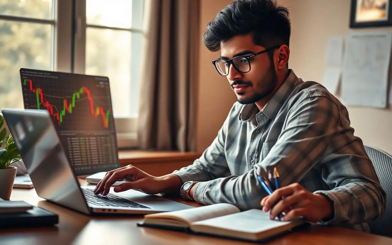 Young Indian trader learning stock market trading on laptop